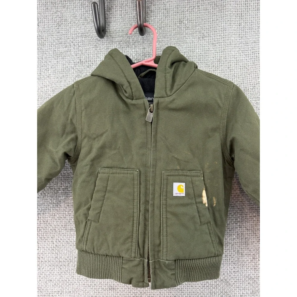 Carhartt Hooded Canvas Jacket Kids 12M Olive Green Quilted Lining